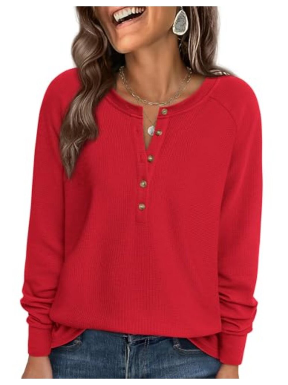 Waffle Knit Henley Long Sleeve Tunic Top Relaxed Fit
